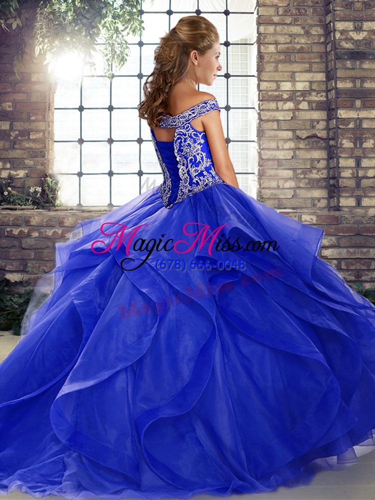 wholesale chic royal blue lace up quinceanera gown beading and ruffles sleeveless brush train