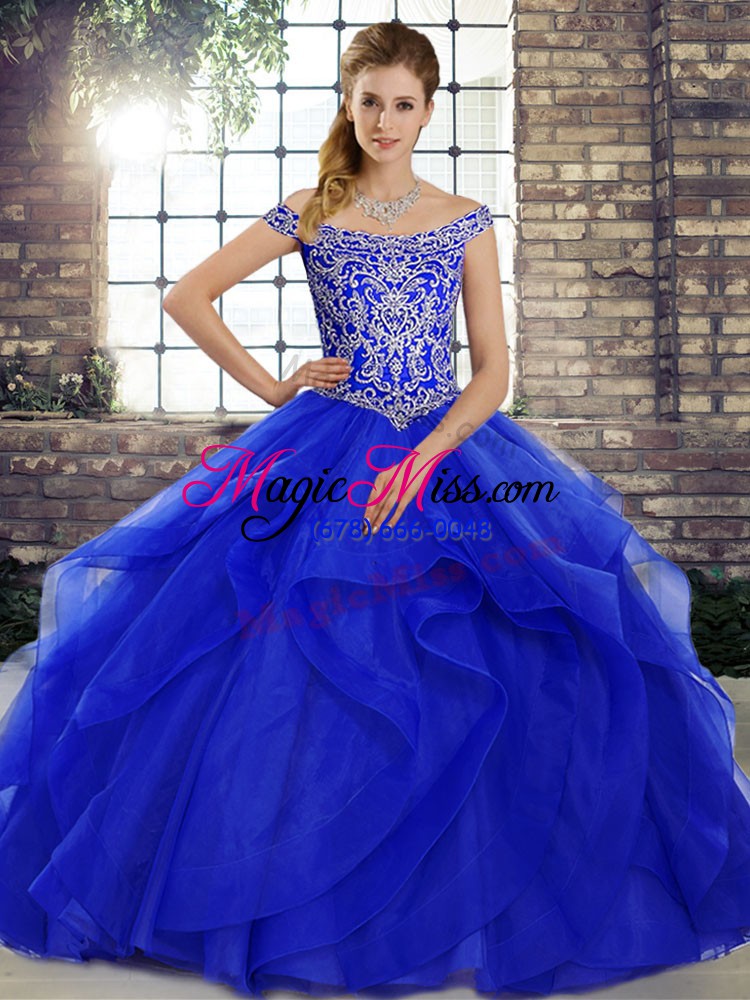 wholesale chic royal blue lace up quinceanera gown beading and ruffles sleeveless brush train