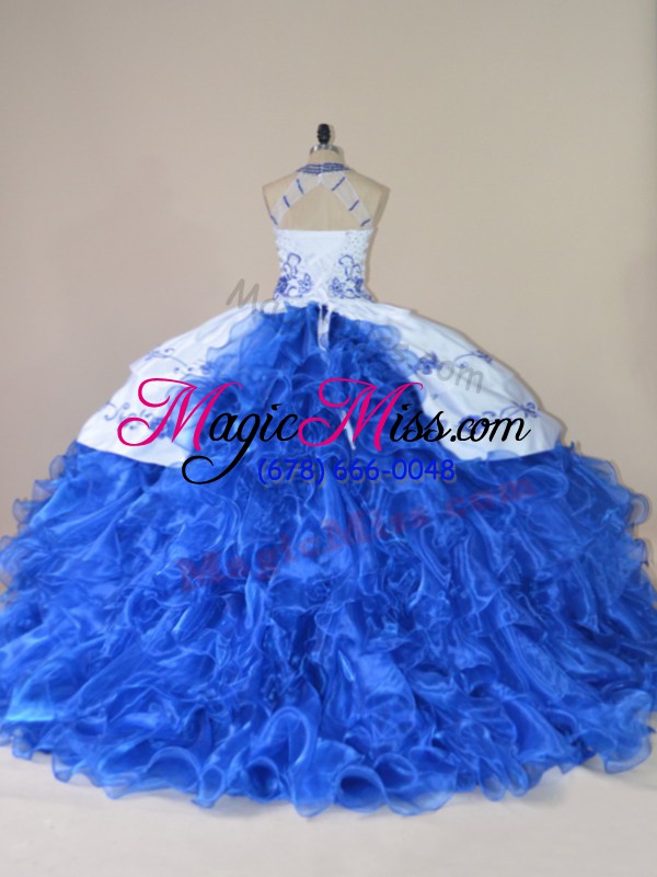 wholesale royal blue organza lace up halter top sleeveless vestidos de quinceanera court train embroidery and ruffles