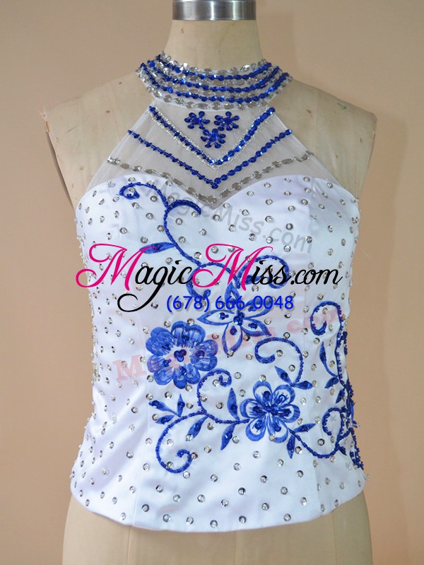 wholesale royal blue organza lace up halter top sleeveless vestidos de quinceanera court train embroidery and ruffles