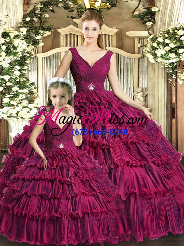 wholesale gorgeous burgundy sleeveless organza backless quinceanera gowns for sweet 16 and quinceanera