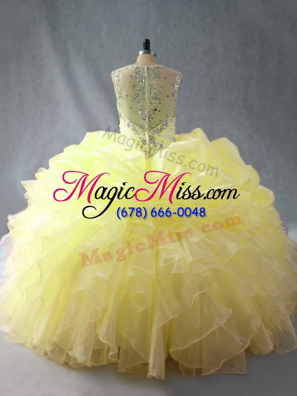 wholesale classical straps sleeveless quinceanera gowns floor length beading and ruffles yellow organza