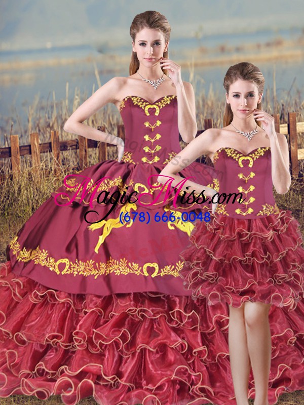 wholesale satin and organza sweetheart sleeveless brush train lace up embroidery and ruffles quinceanera gown in burgundy