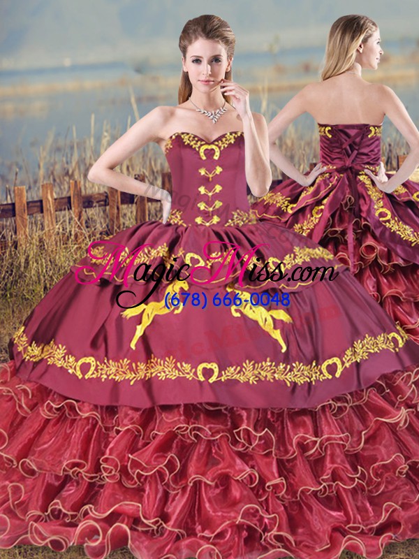 wholesale satin and organza sweetheart sleeveless brush train lace up embroidery and ruffles quinceanera gown in burgundy