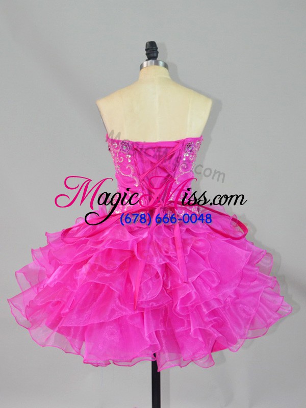 wholesale modern fuchsia lace up prom party dress beading and ruffles sleeveless mini length