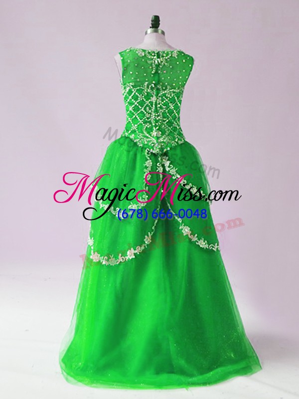 wholesale high low green dress for prom tulle sleeveless beading and appliques