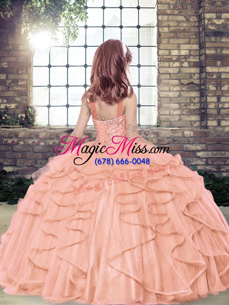 wholesale custom fit straps sleeveless pageant dress floor length beading and ruffles red tulle