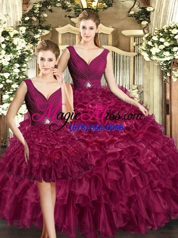 wholesale burgundy sleeveless ruffles floor length quince ball gowns