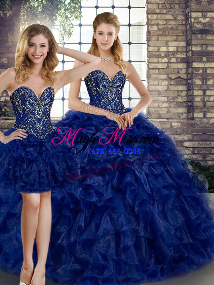 wholesale gorgeous three pieces quinceanera dress royal blue sweetheart organza sleeveless floor length lace up