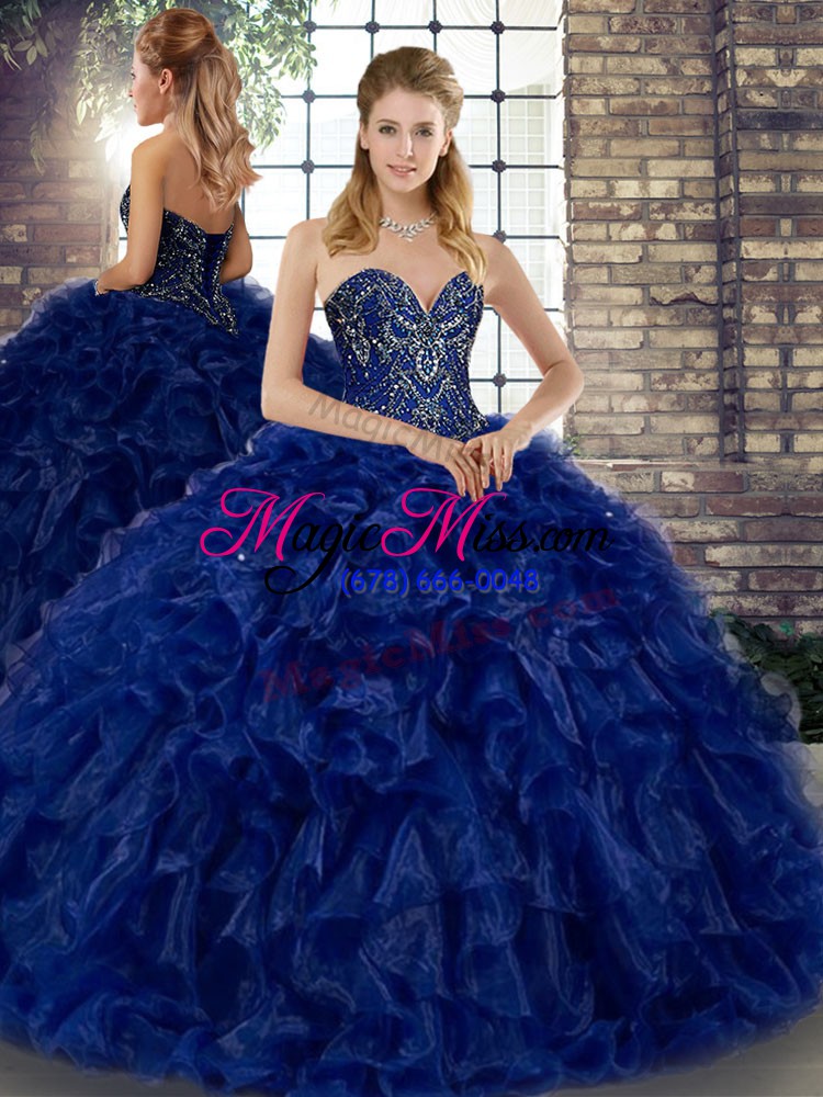 wholesale gorgeous three pieces quinceanera dress royal blue sweetheart organza sleeveless floor length lace up