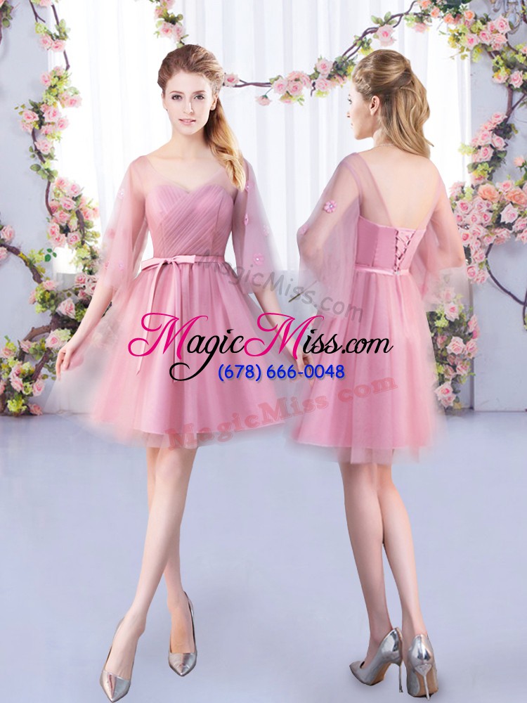 wholesale hot sale mini length a-line half sleeves pink dama dress for quinceanera lace up