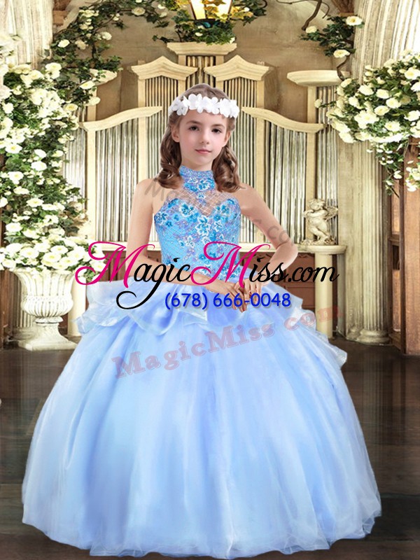 wholesale inexpensive blue sleeveless floor length appliques lace up pageant gowns for girls