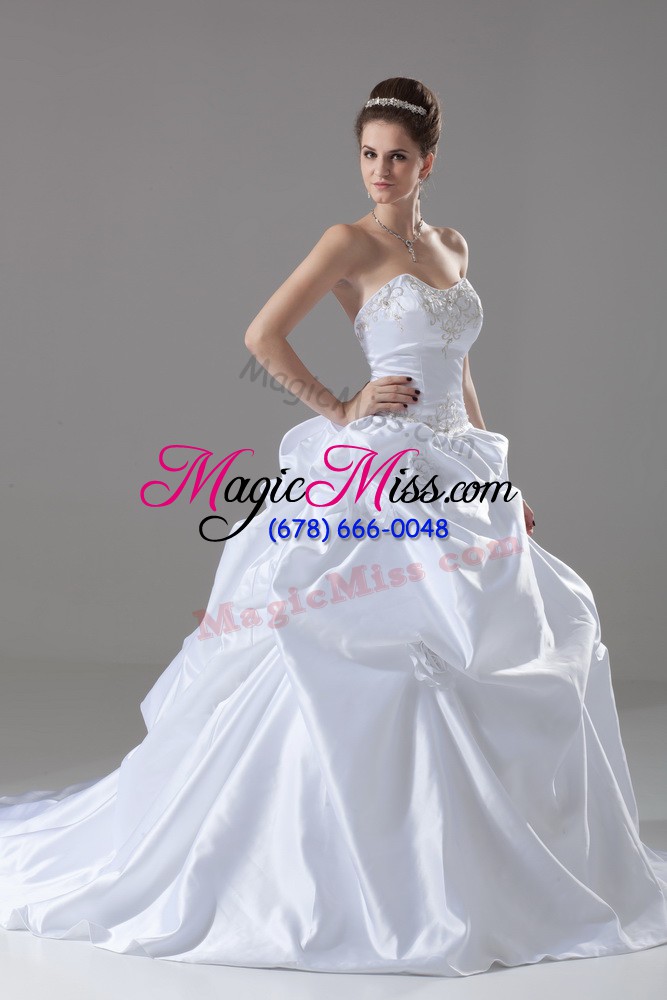 wholesale great white taffeta lace up wedding gowns sleeveless brush train embroidery and pick ups and hand made flower