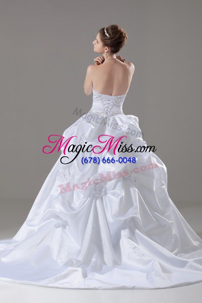 wholesale great white taffeta lace up wedding gowns sleeveless brush train embroidery and pick ups and hand made flower