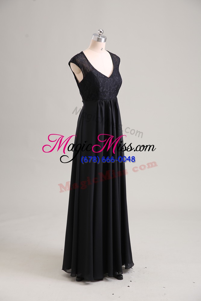 wholesale attractive black zipper v-neck lace prom gown chiffon cap sleeves