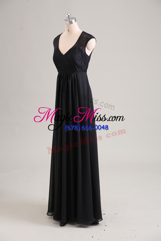 wholesale attractive black zipper v-neck lace prom gown chiffon cap sleeves