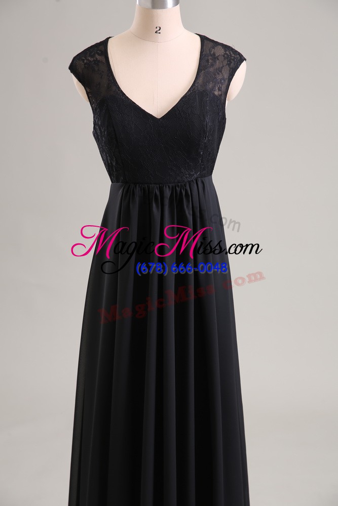 wholesale attractive black zipper v-neck lace prom gown chiffon cap sleeves