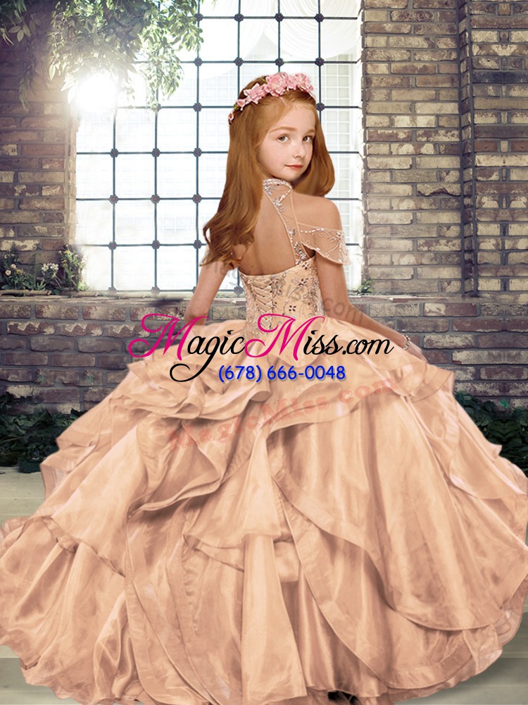 wholesale on sale beading and ruffles child pageant dress rose pink lace up sleeveless floor length