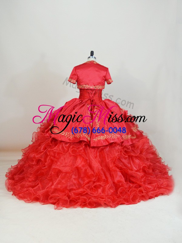 wholesale red sleeveless brush train embroidery and ruffles vestidos de quinceanera