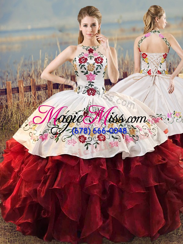 wholesale organza halter top sleeveless lace up embroidery and ruffles quince ball gowns in white and red