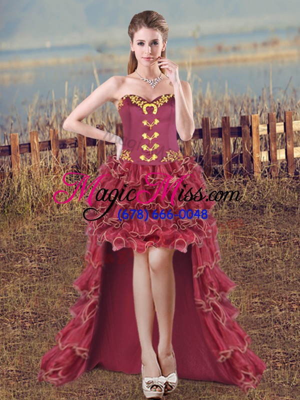 wholesale fashion burgundy ball gowns embroidery sweet 16 quinceanera dress lace up organza sleeveless