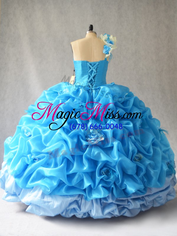 wholesale fashion floor length baby blue 15 quinceanera dress organza sleeveless pick ups and hand made flower