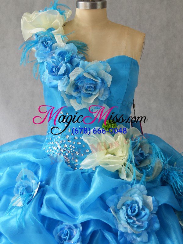 wholesale fashion floor length baby blue 15 quinceanera dress organza sleeveless pick ups and hand made flower