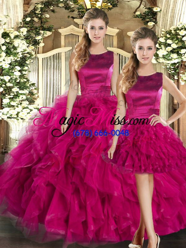 wholesale classical floor length three pieces sleeveless fuchsia quinceanera dress lace up