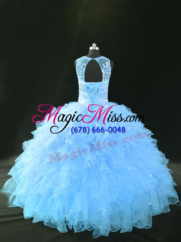 wholesale dynamic blue and light blue 15 quinceanera dress organza sleeveless appliques and ruffles