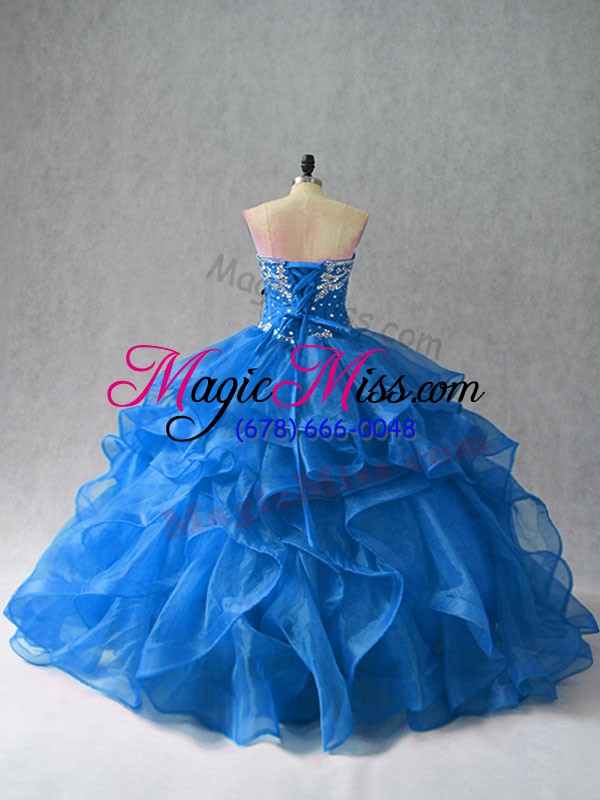 wholesale modern blue sweetheart neckline beading and ruffles ball gown prom dress sleeveless lace up