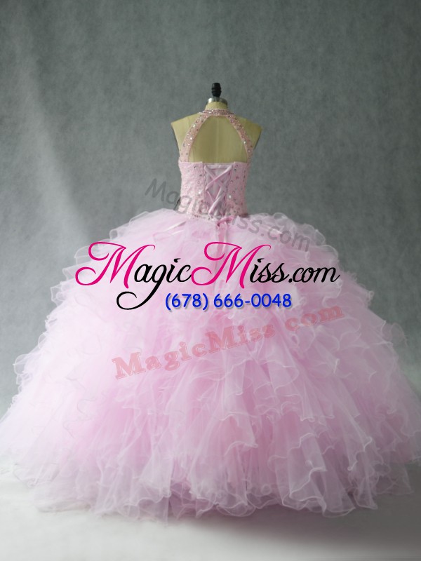 wholesale pink ball gowns beading and ruffles quinceanera gowns lace up tulle sleeveless floor length