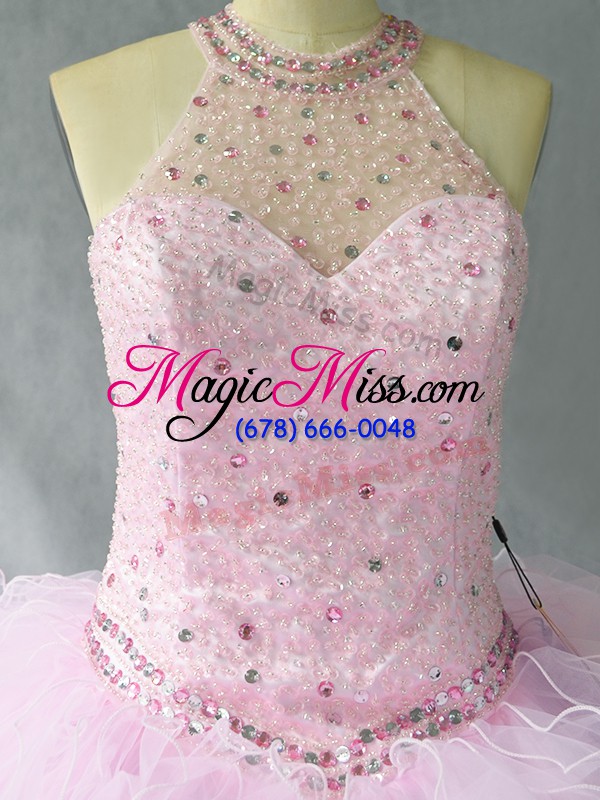 wholesale pink ball gowns beading and ruffles quinceanera gowns lace up tulle sleeveless floor length