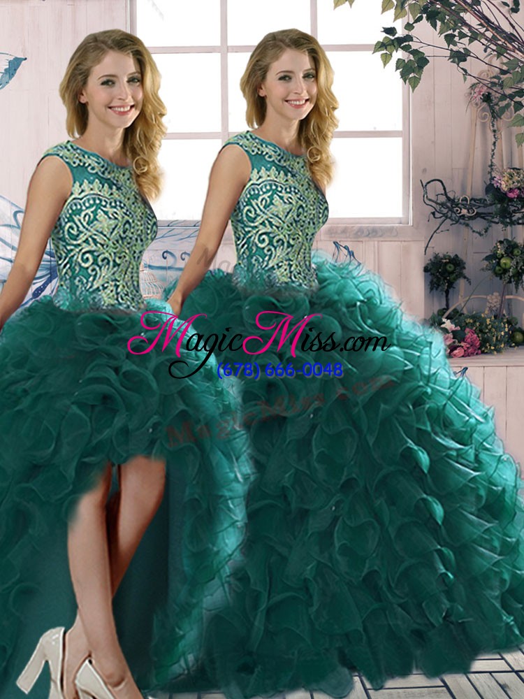 wholesale customized floor length three pieces sleeveless peacock green ball gown prom dress lace up