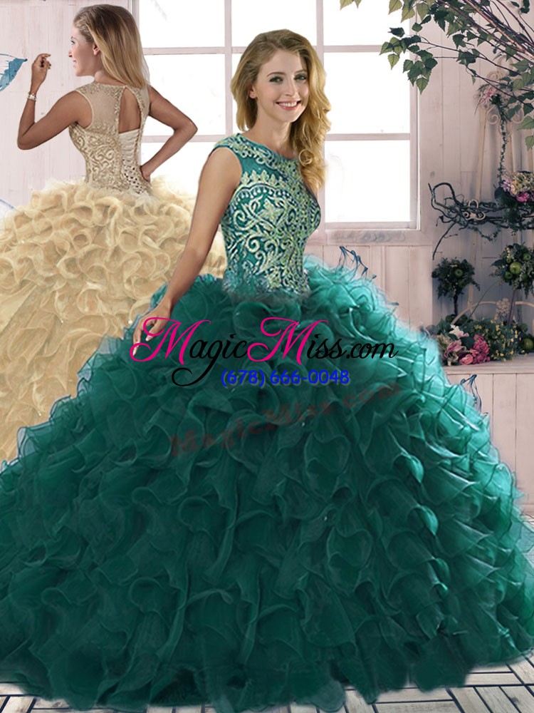 wholesale customized floor length three pieces sleeveless peacock green ball gown prom dress lace up