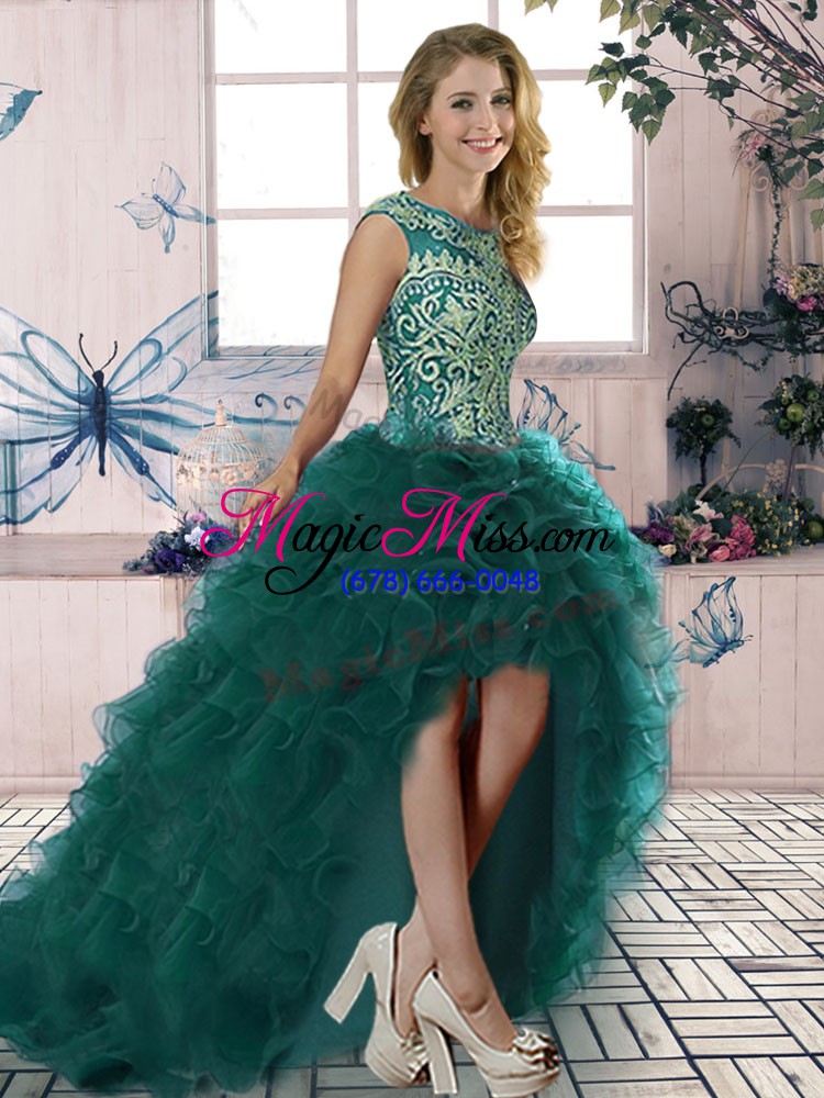 wholesale customized floor length three pieces sleeveless peacock green ball gown prom dress lace up