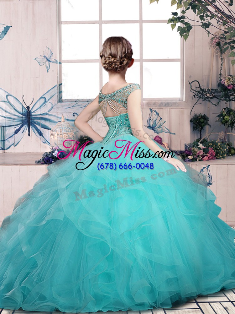 wholesale aqua blue ball gowns tulle off the shoulder sleeveless beading and ruffles floor length lace up kids formal wear