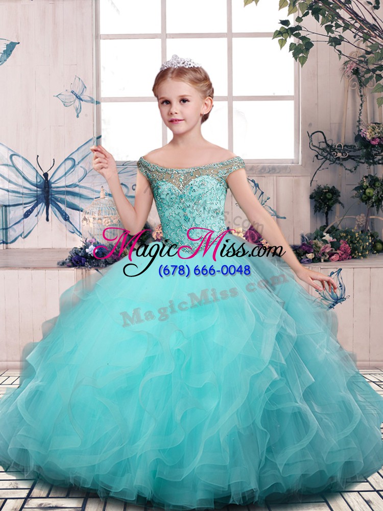 wholesale aqua blue ball gowns tulle off the shoulder sleeveless beading and ruffles floor length lace up kids formal wear