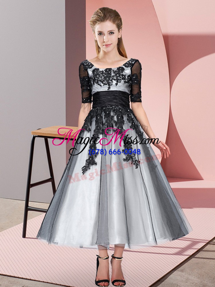 wholesale grey short sleeves beading and lace tea length quinceanera court of honor dress