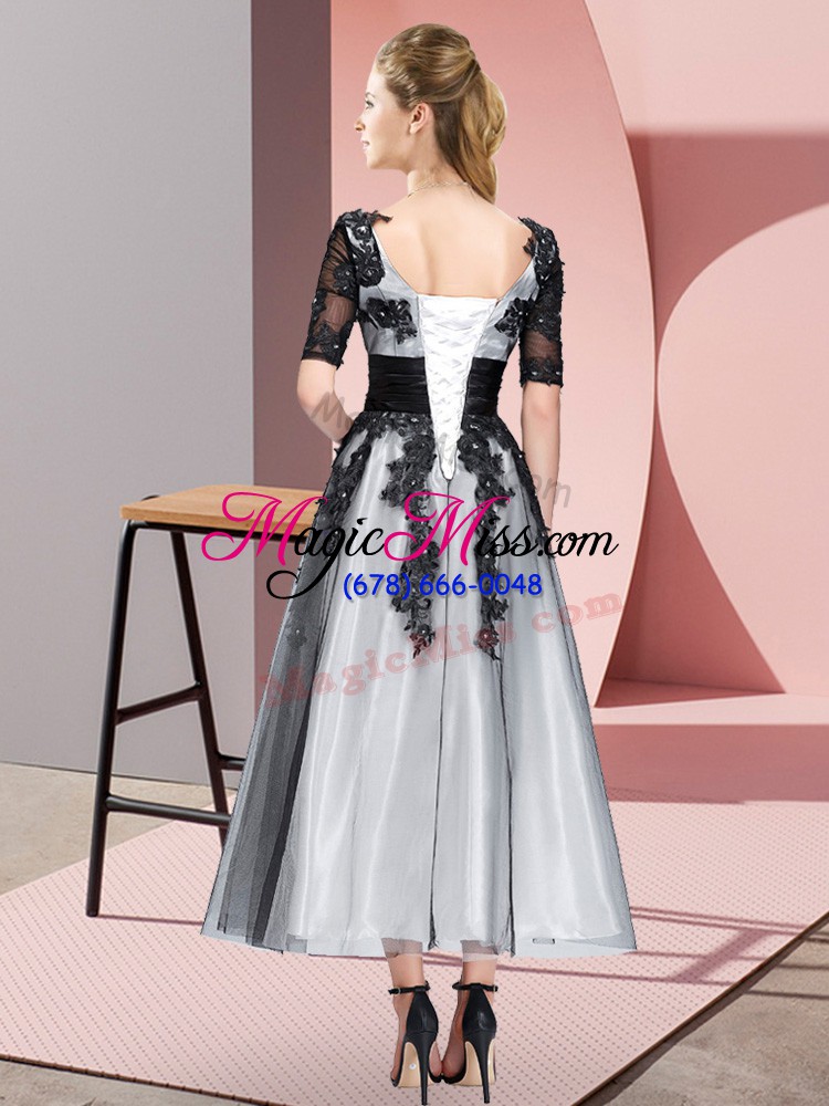 wholesale grey short sleeves beading and lace tea length quinceanera court of honor dress