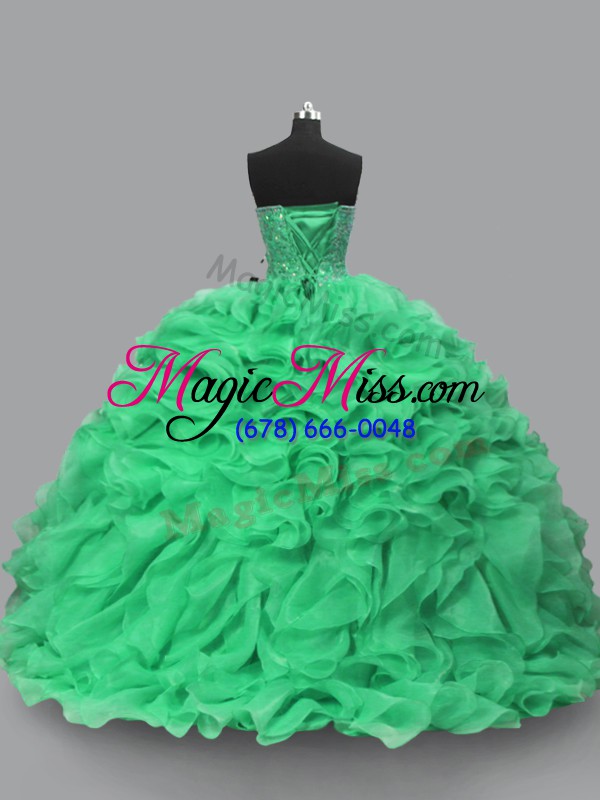 wholesale elegant green organza lace up halter top sleeveless floor length sweet 16 dress beading and ruffles