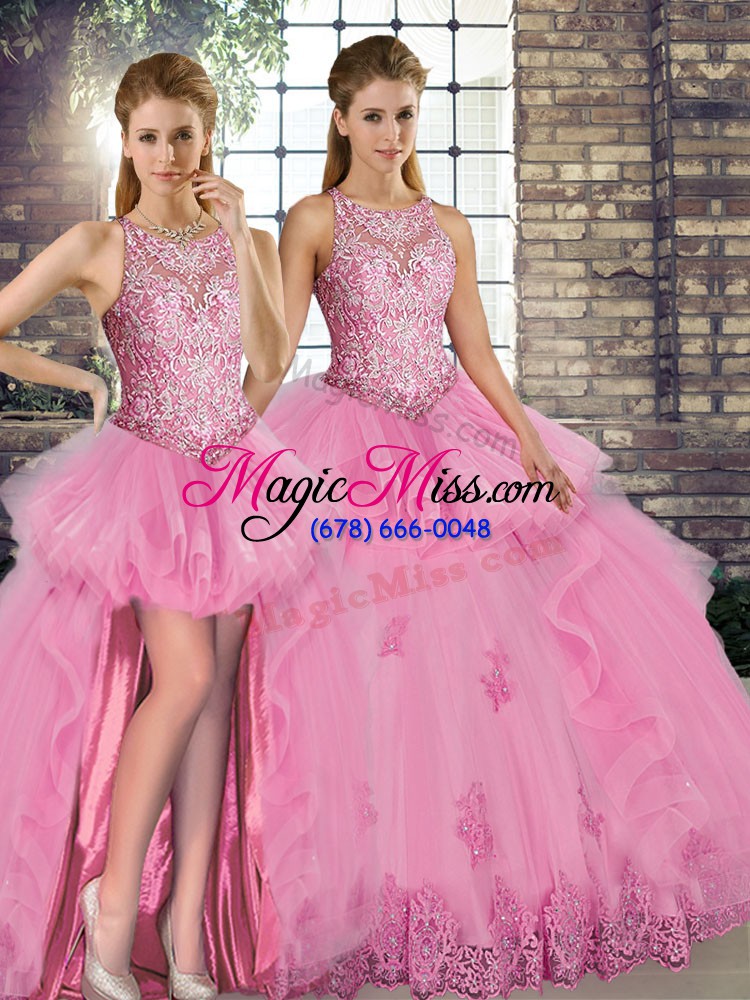 wholesale eye-catching rose pink lace up scoop lace and embroidery and ruffles sweet 16 dress tulle sleeveless