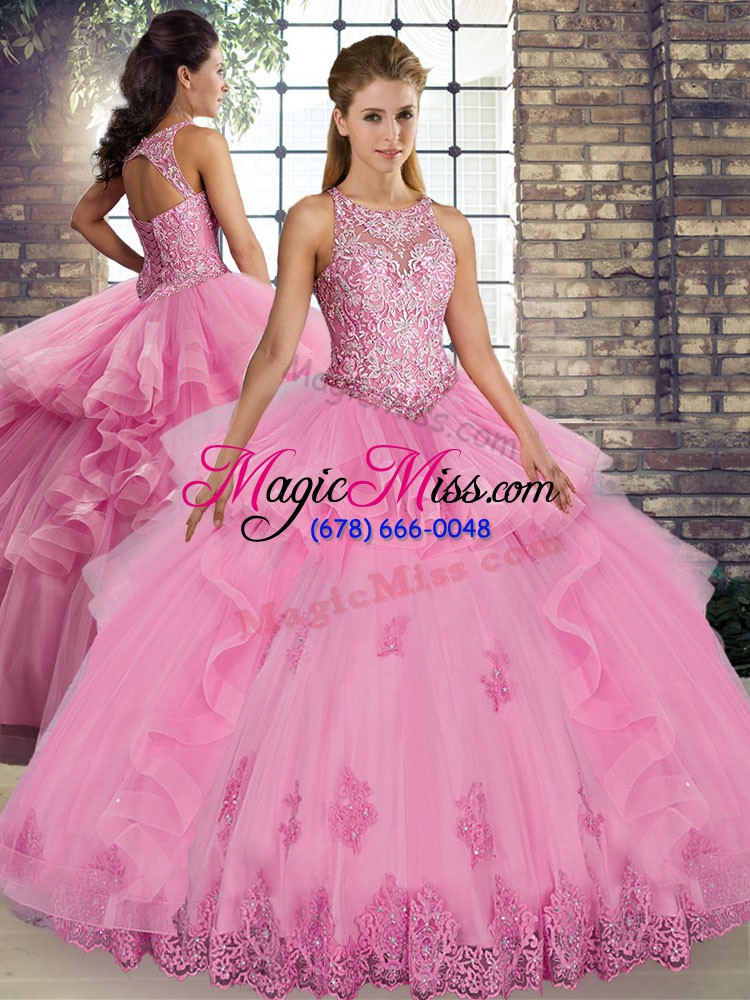 wholesale eye-catching rose pink lace up scoop lace and embroidery and ruffles sweet 16 dress tulle sleeveless