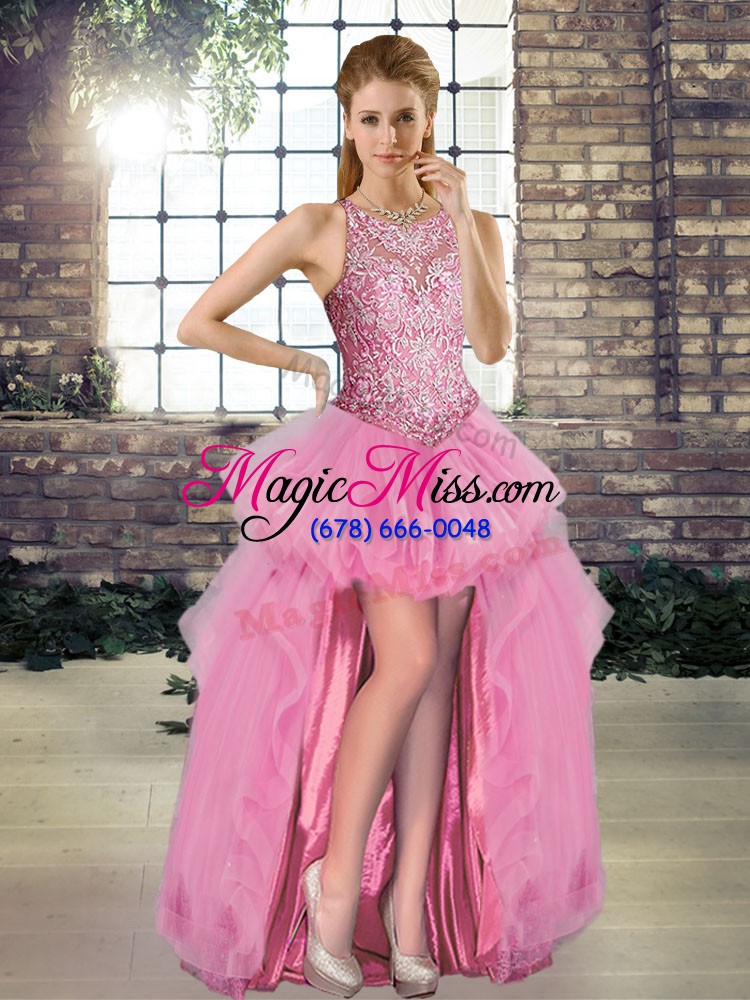 wholesale eye-catching rose pink lace up scoop lace and embroidery and ruffles sweet 16 dress tulle sleeveless