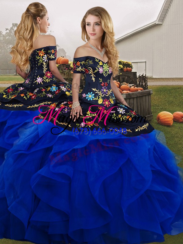 wholesale blue and black off the shoulder neckline embroidery and ruffles sweet 16 quinceanera dress sleeveless lace up