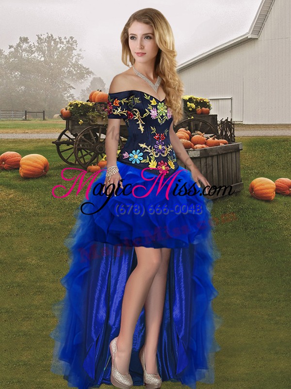 wholesale blue and black off the shoulder neckline embroidery and ruffles sweet 16 quinceanera dress sleeveless lace up