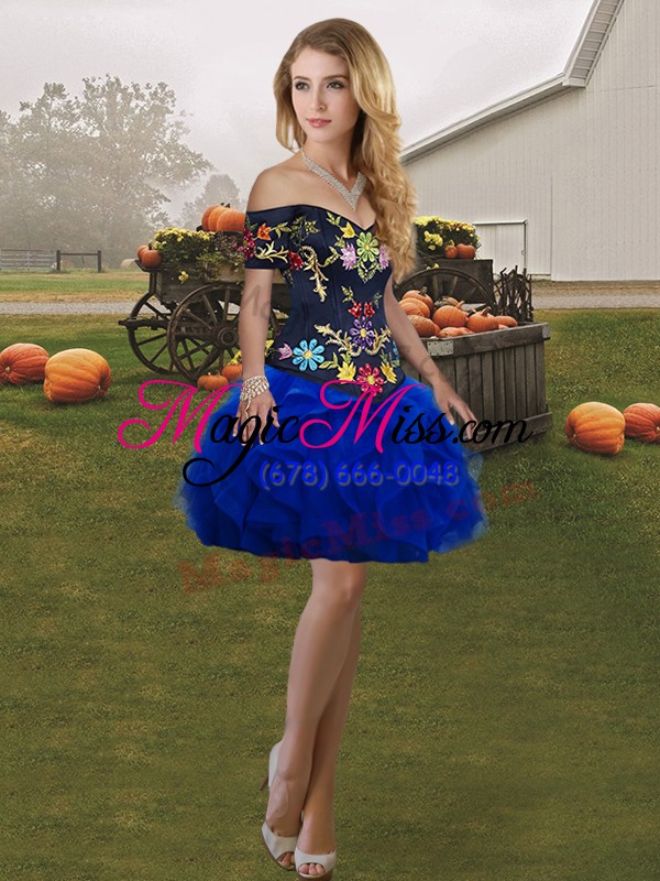 wholesale blue and black off the shoulder neckline embroidery and ruffles sweet 16 quinceanera dress sleeveless lace up