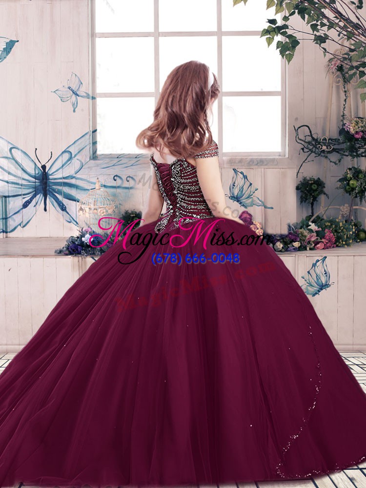 wholesale eggplant purple ball gowns straps sleeveless tulle floor length lace up beading pageant dress womens