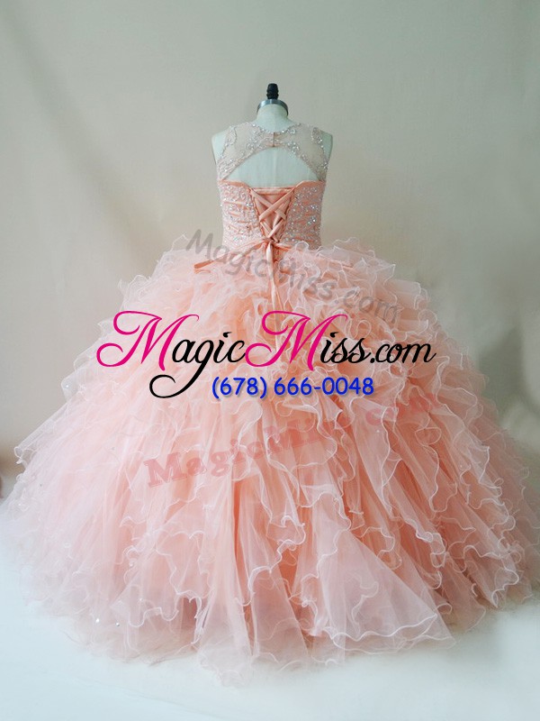 wholesale ball gowns quince ball gowns peach scoop tulle sleeveless floor length lace up