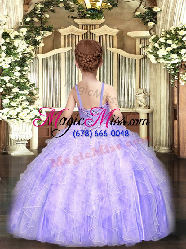 wholesale lilac lace up straps beading and ruffles kids pageant dress tulle sleeveless