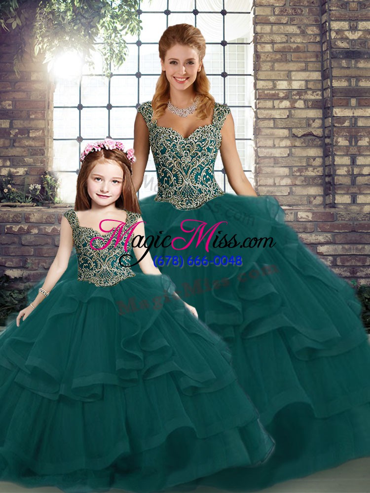 wholesale best beading and ruffles quinceanera gown peacock green lace up sleeveless floor length